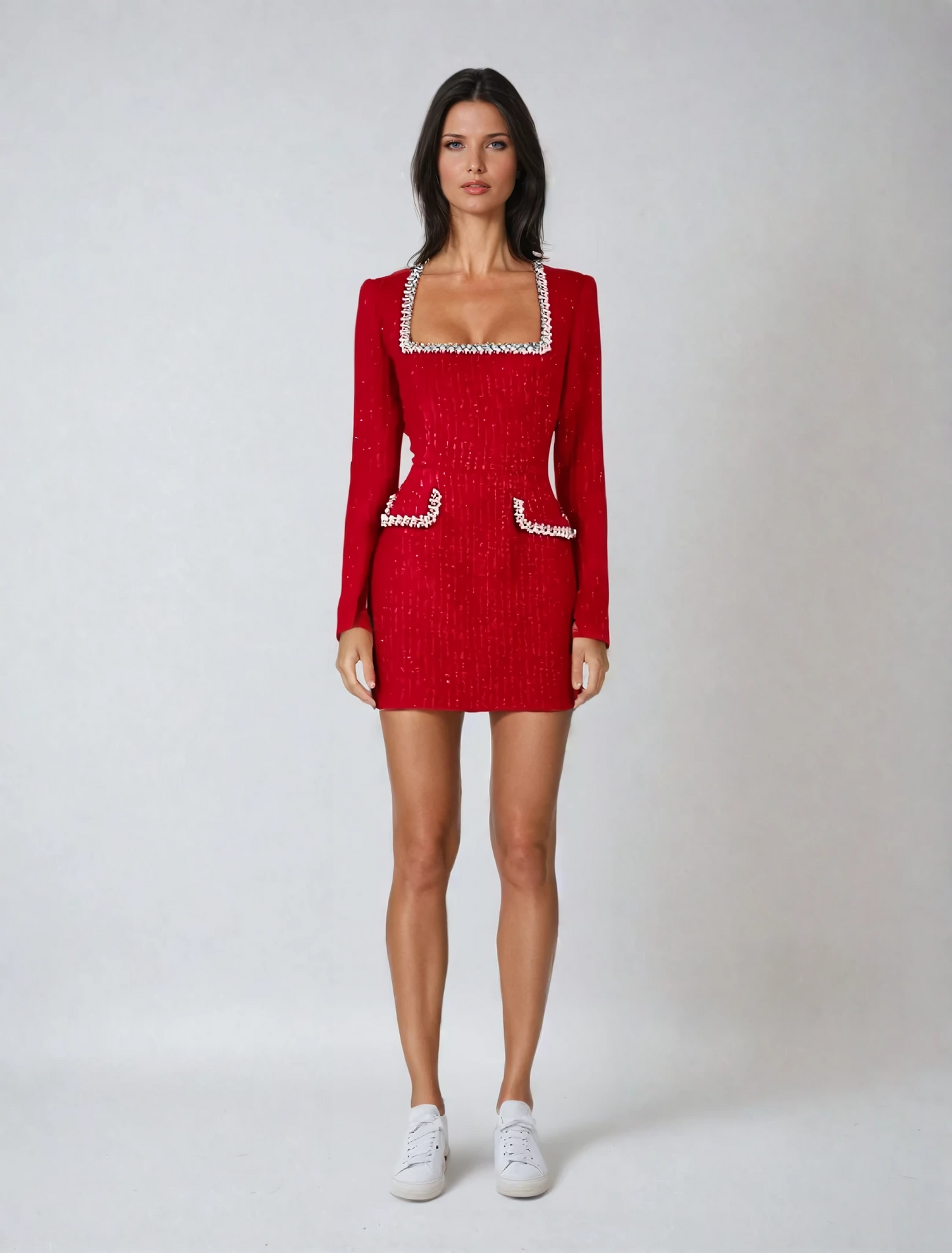 MILLY | LONG SLEEVE MINI DRESS WITH SQUARE NECKLINE