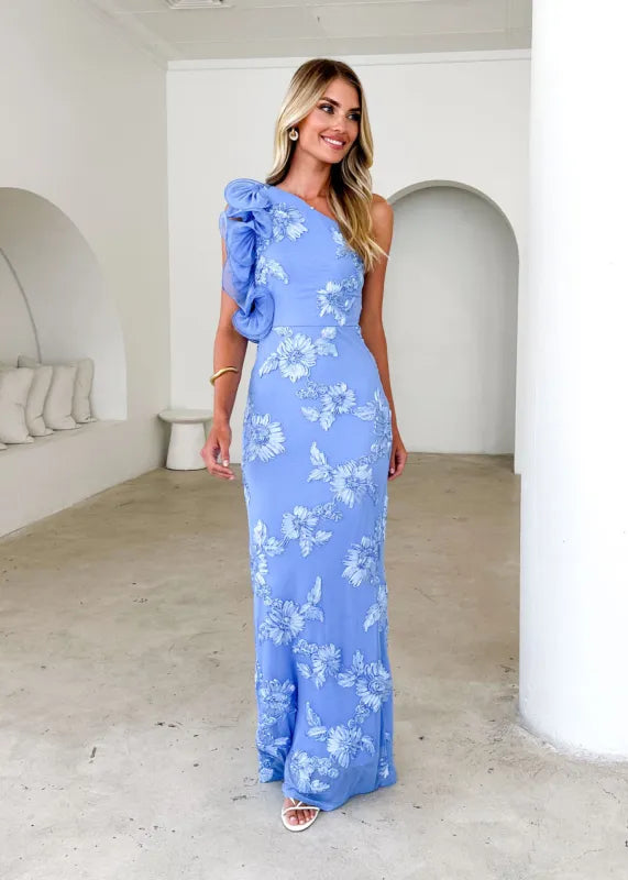 Azrielle – One-Shoulder Blue Floral Mesh Maxi Dress