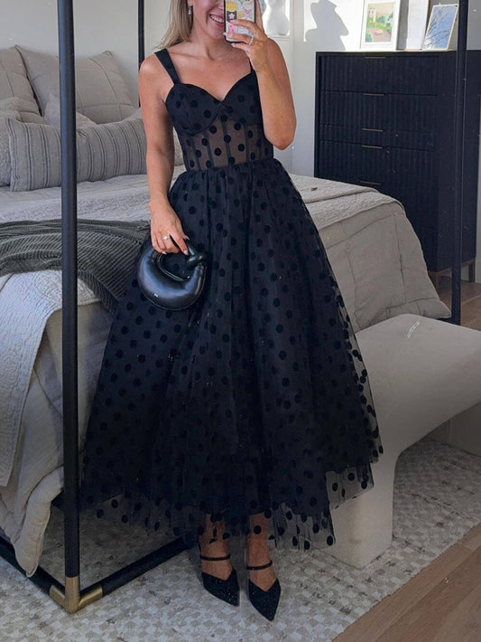 Claravelle – Tulle Polka Dot Bustier Midi Dress