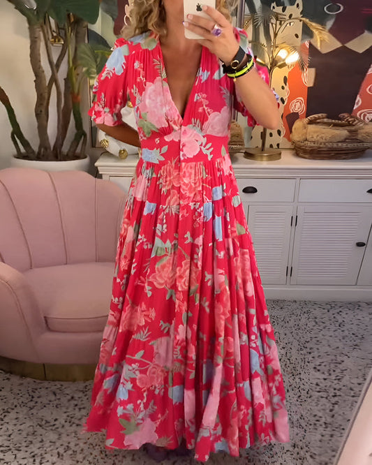 Evalyne – V-Neck Floral Dress with Pockets