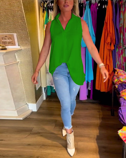 LalunaFrill – Sleeveless Top with Ruffles and Lapels
