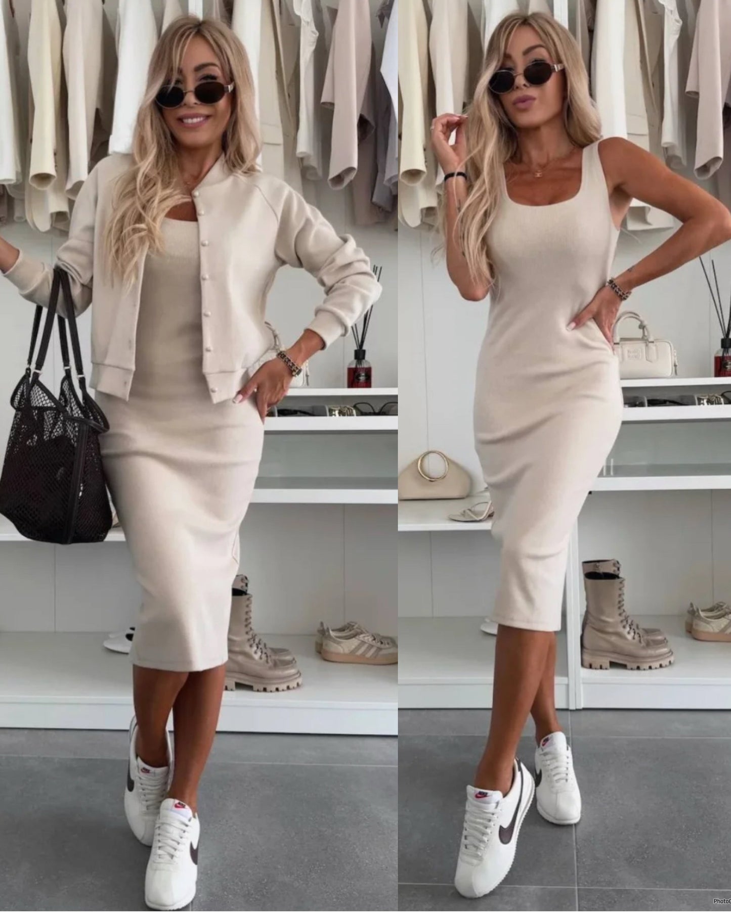 Karin | Rib Knit Midi Dress & Bomber Jacket Set