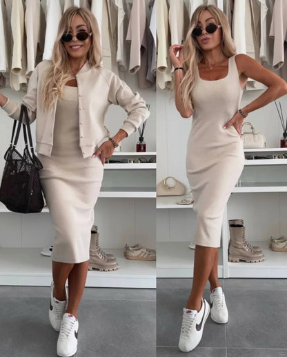 Karin | Rib Knit Midi Dress & Bomber Jacket Set