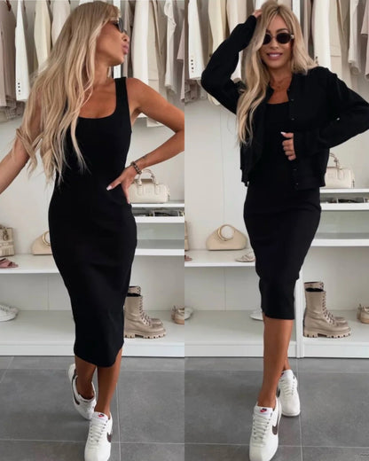 Karin | Rib Knit Midi Dress & Bomber Jacket Set