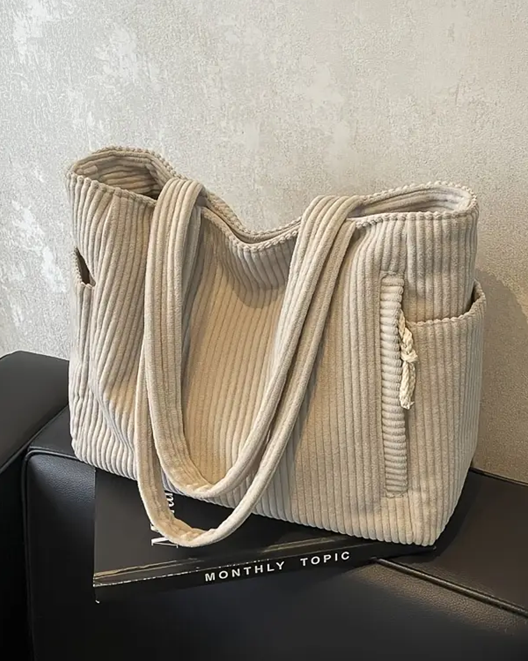 Aurebelle – Ribbed Tote Bag with Drawstring Detail
