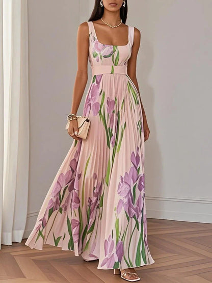 Alivienne – White Floral Pleated Chiffon Maxi Dress