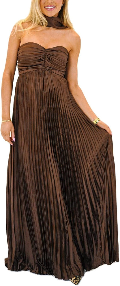 Avelise – Strapless Pleated Satin Maxi Dress