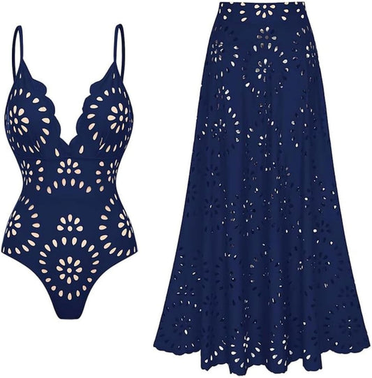 Arlena | Petal Hollow One-Piece Swimsuit with Skirt