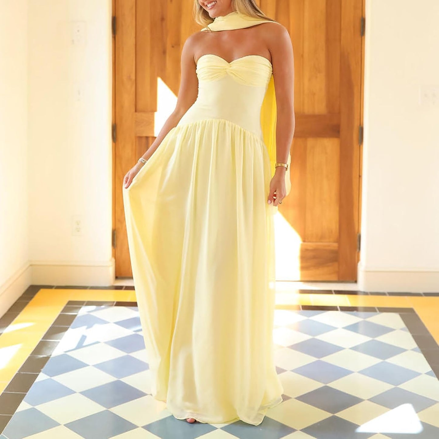 Avelise – Strapless Pleated Satin Maxi Dress