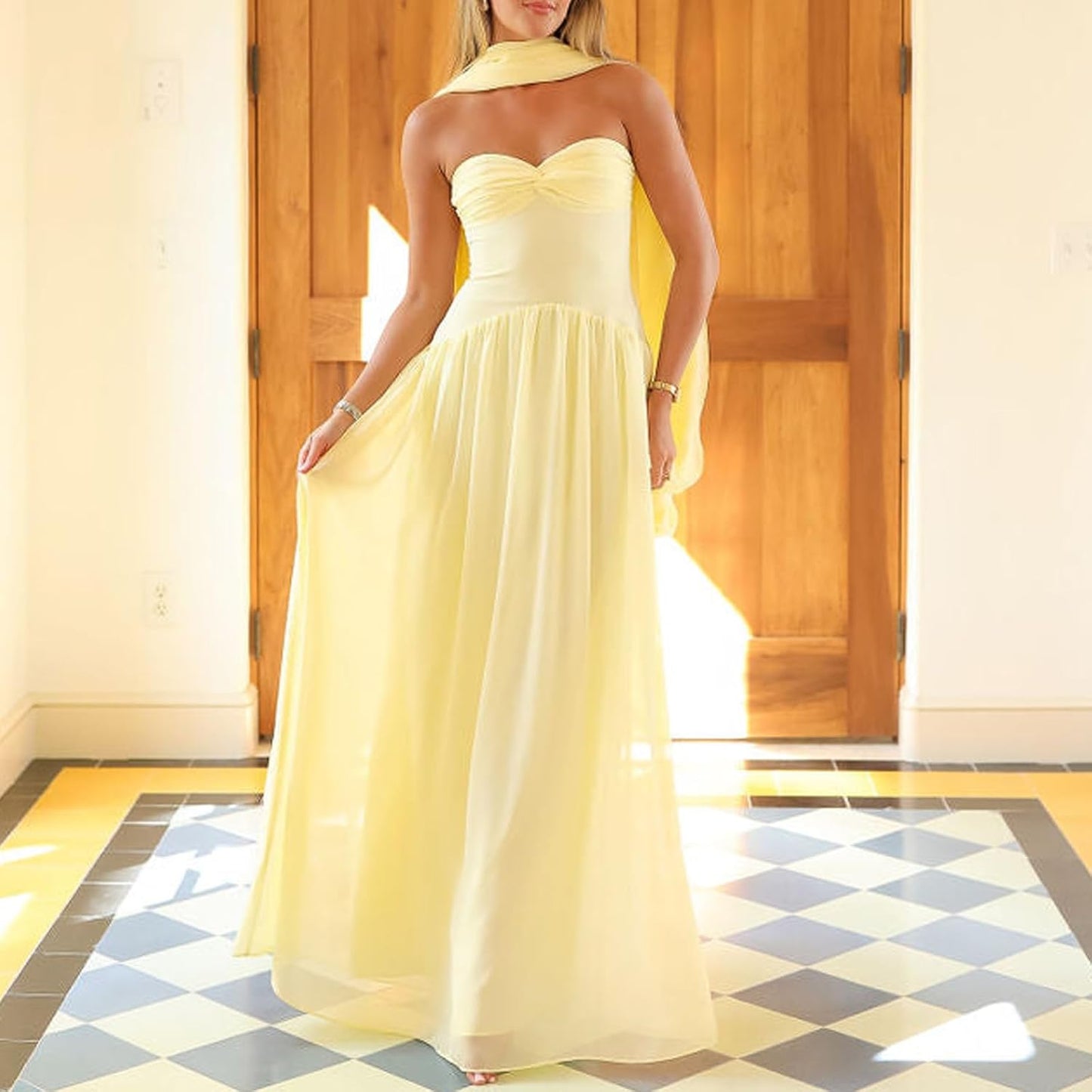 Avelise – Strapless Pleated Satin Maxi Dress