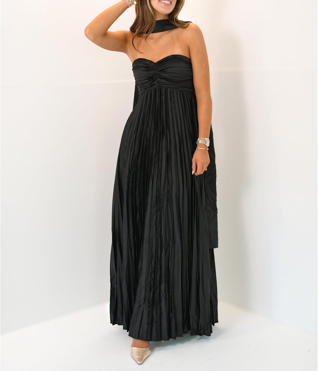 Avelise – Strapless Pleated Satin Maxi Dress