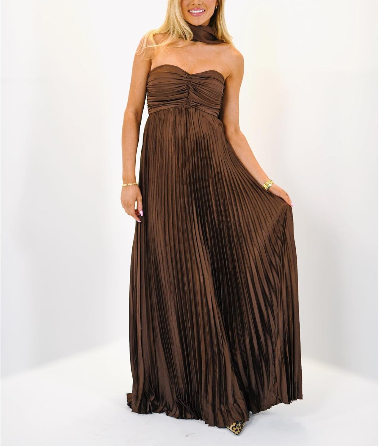Avelise – Strapless Pleated Satin Maxi Dress