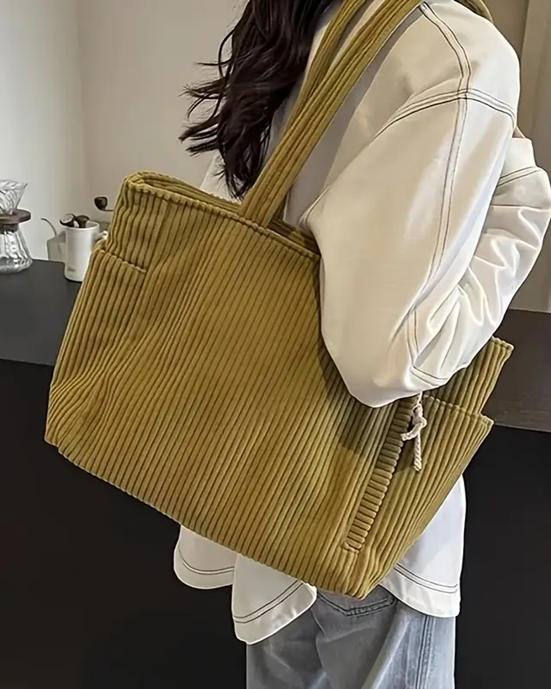 Aurebelle – Ribbed Tote Bag with Drawstring Detail