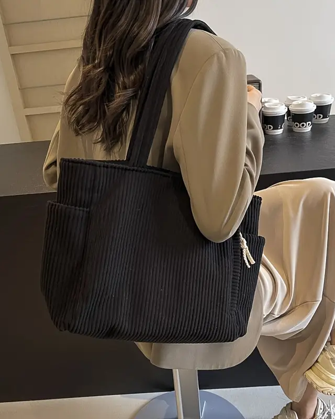 Aurebelle – Ribbed Tote Bag with Drawstring Detail