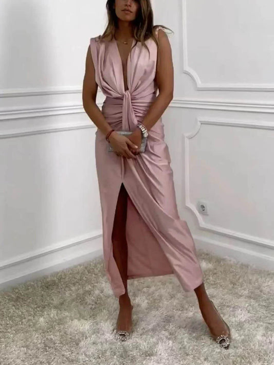 Daisy - Classic Midi Dress With Ruched Draped Slit