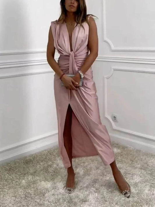 Zeylia – Classic Midi Dress with Gathered Draped Slit