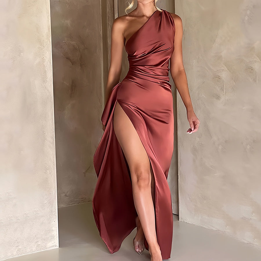 Selestia – One-Shoulder Draped Slit Maxi Dress