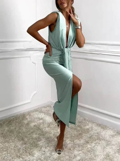 Zeylia – Classic Midi Dress with Gathered Draped Slit