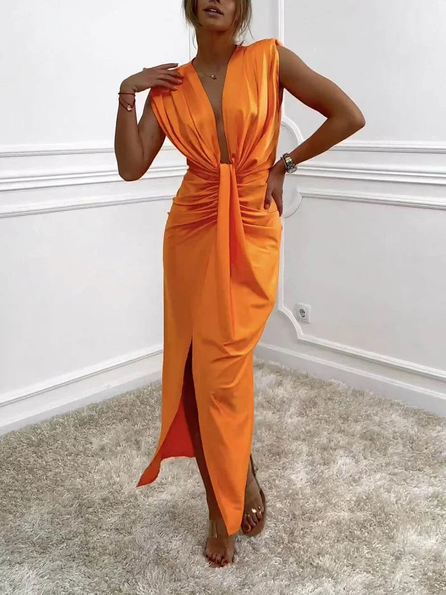 Zeylia – Classic Midi Dress with Gathered Draped Slit