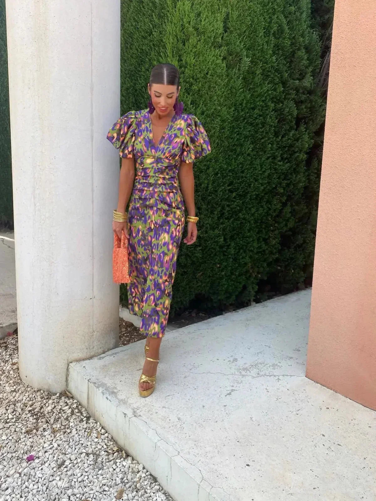 ROSALIND | COLOURFUL MIDI DRESS WITH PLEATED SLEEVES