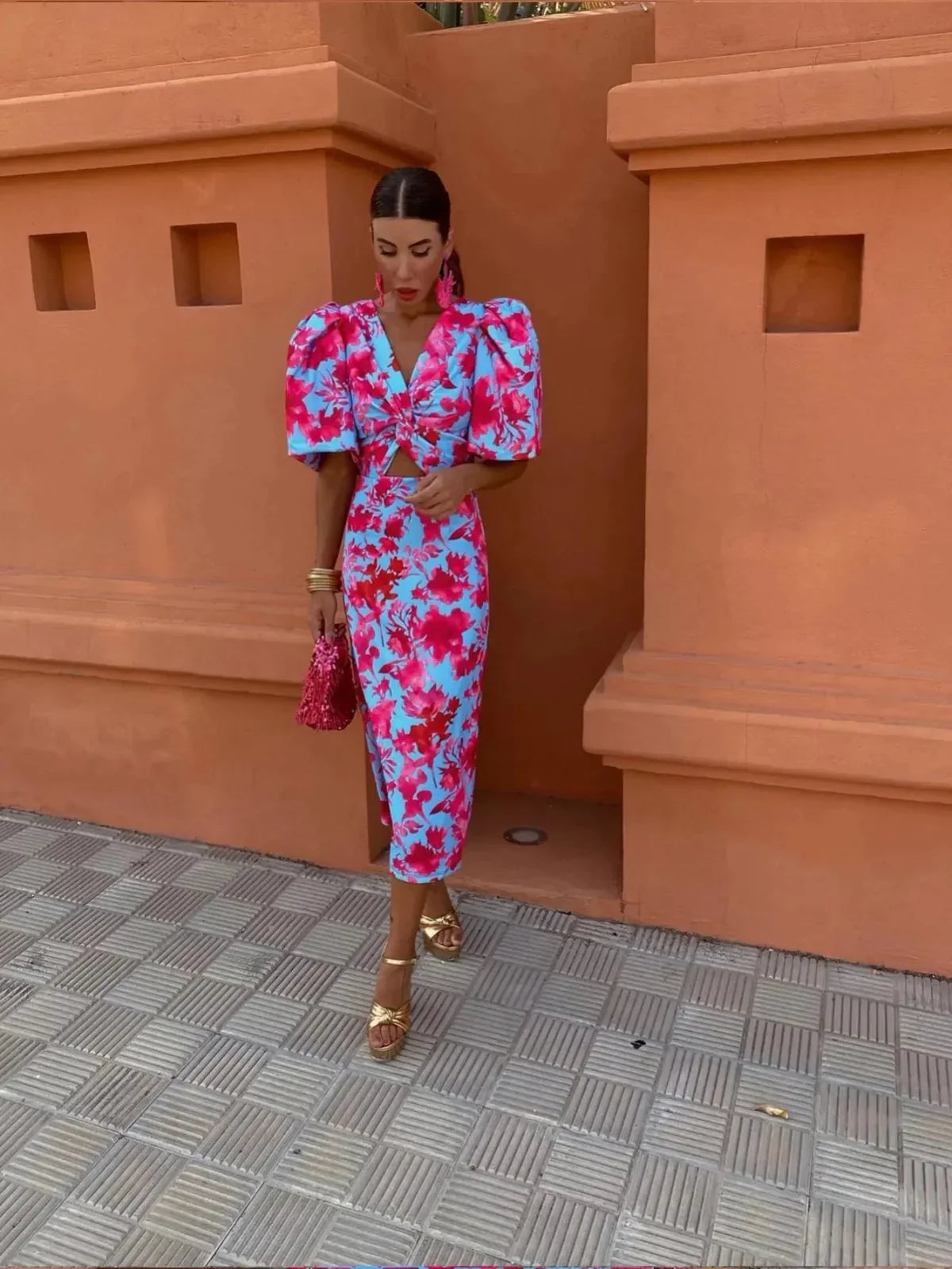 ROSALIND | COLOURFUL MIDI DRESS WITH PLEATED SLEEVES