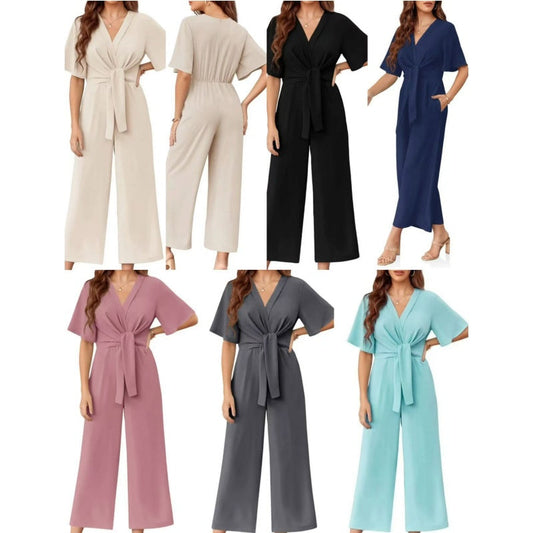 Solenne | Elegant V-Neck Wide Waist Jumpsuit