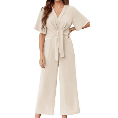 Solenne | Elegant V-Neck Wide Waist Jumpsuit