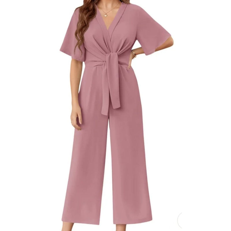 Solenne | Elegant V-Neck Wide Waist Jumpsuit