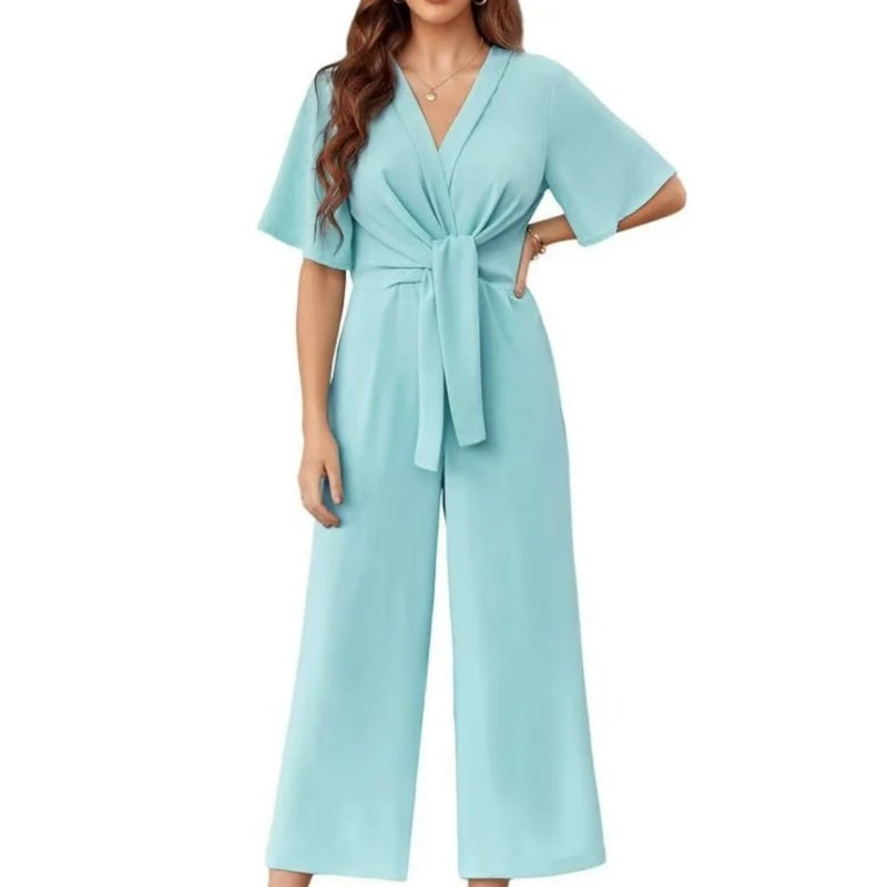 Solenne | Elegant V-Neck Wide Waist Jumpsuit