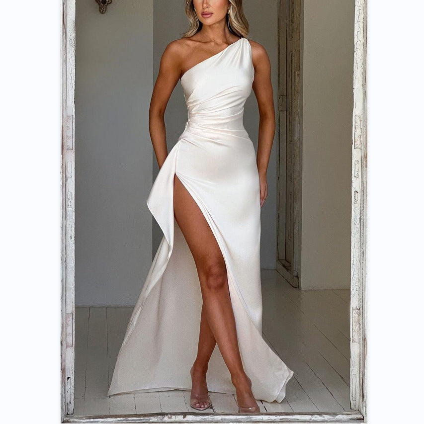 Selestia – One-Shoulder Draped Slit Maxi Dress
